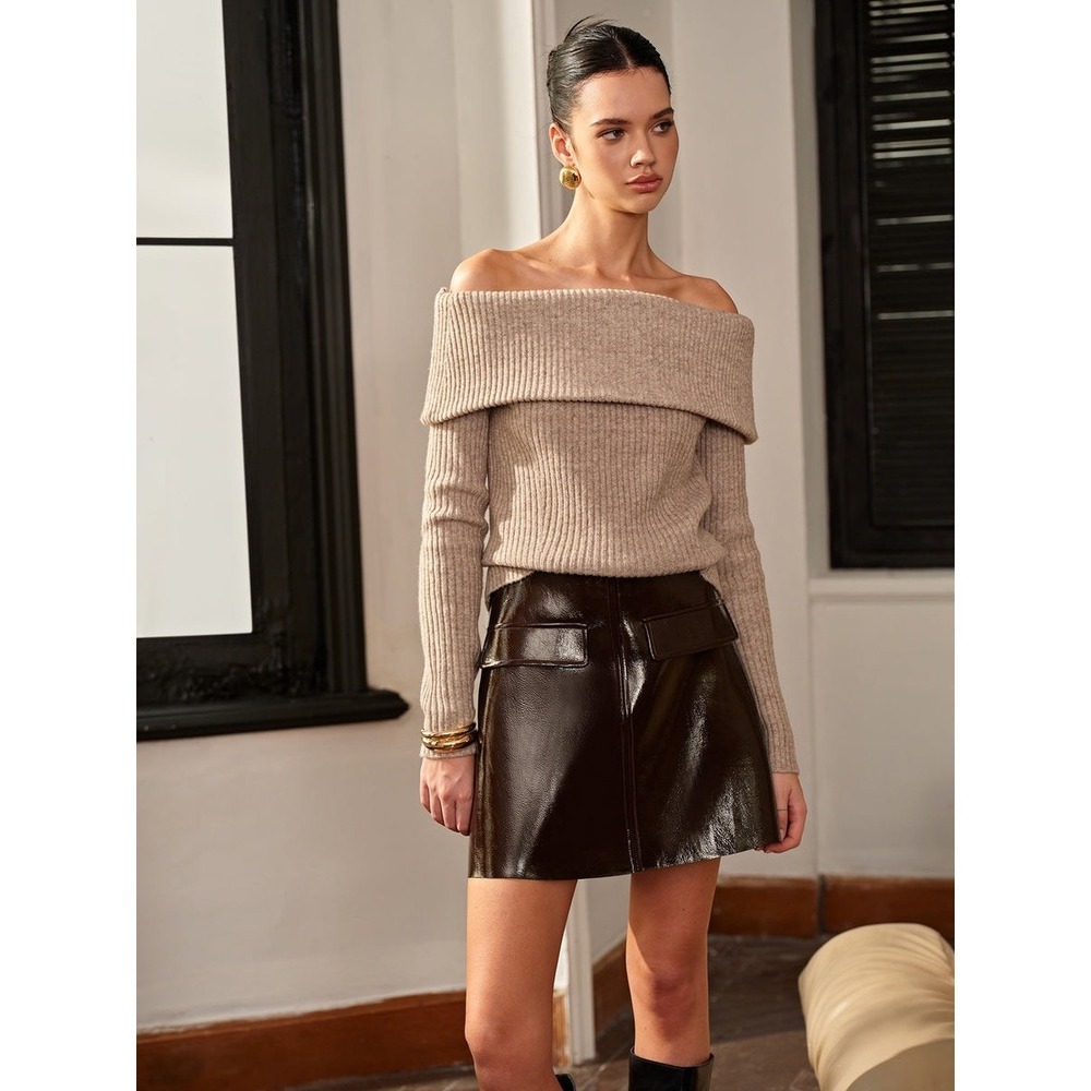 Commense High Waist Faux Leather A-Line Mini Skirt with Flap Detail Brown